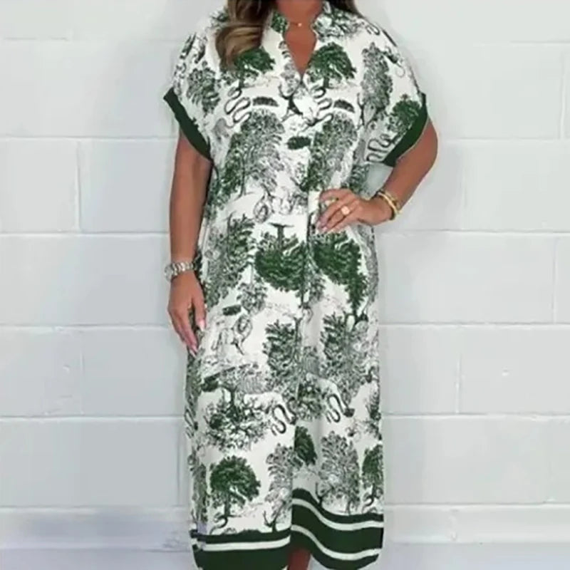 Vintage Casual Plants Print Bohemian Dress Women Spring V Neck Party Long Dress Summer Short Sleeve Loose A-Line Dresses Vestido