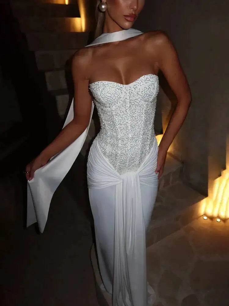 Mozision Sparkle Off-shoulder Sexy Maxi Dress Women Elegant Glitter Strapless Backless Sleeveless Draped Ruched Club Party Dress
