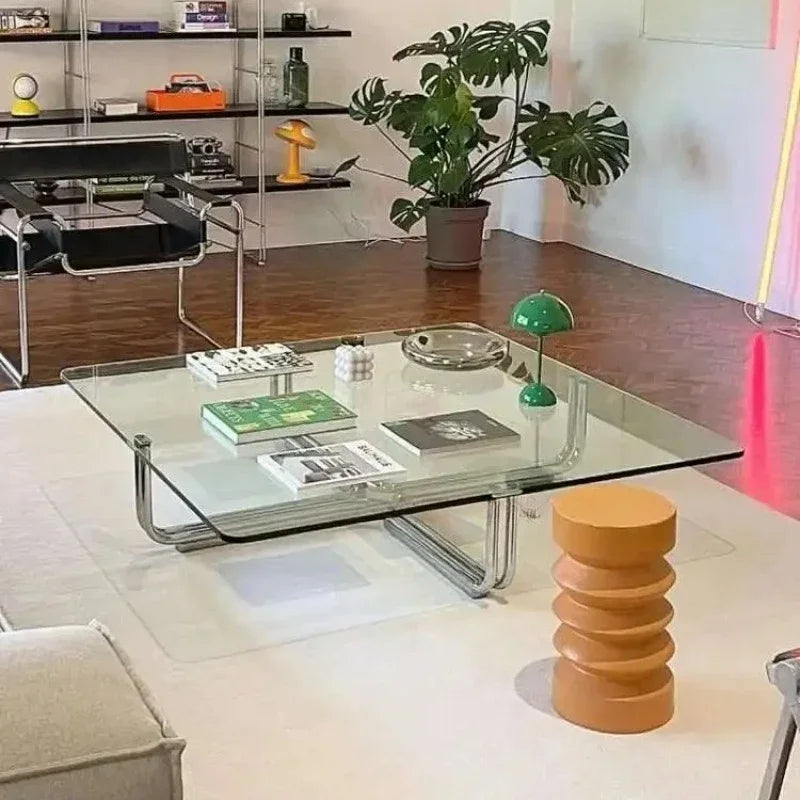 Transparent Square Glass Coffee Table, Stainless Steel Low Table