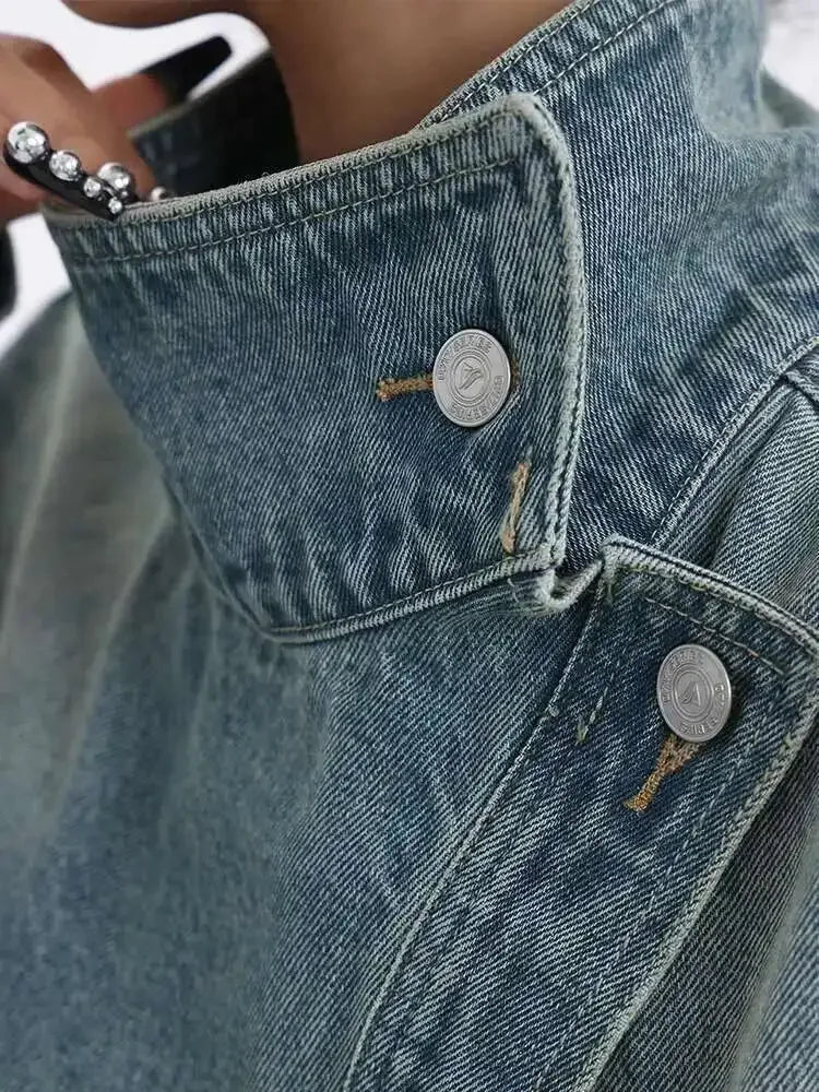 2025Fashion lapel denim jacket asymmetrical design  women's denim coat loose casual streetwear  outerwear  female coat