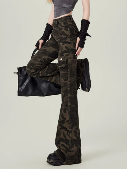 High Waist Jean Women Camouflage Cargo Style Skinny American Streetwear Aesthetic 2000s Y2k Jeans Flare Trousers Designed Chic