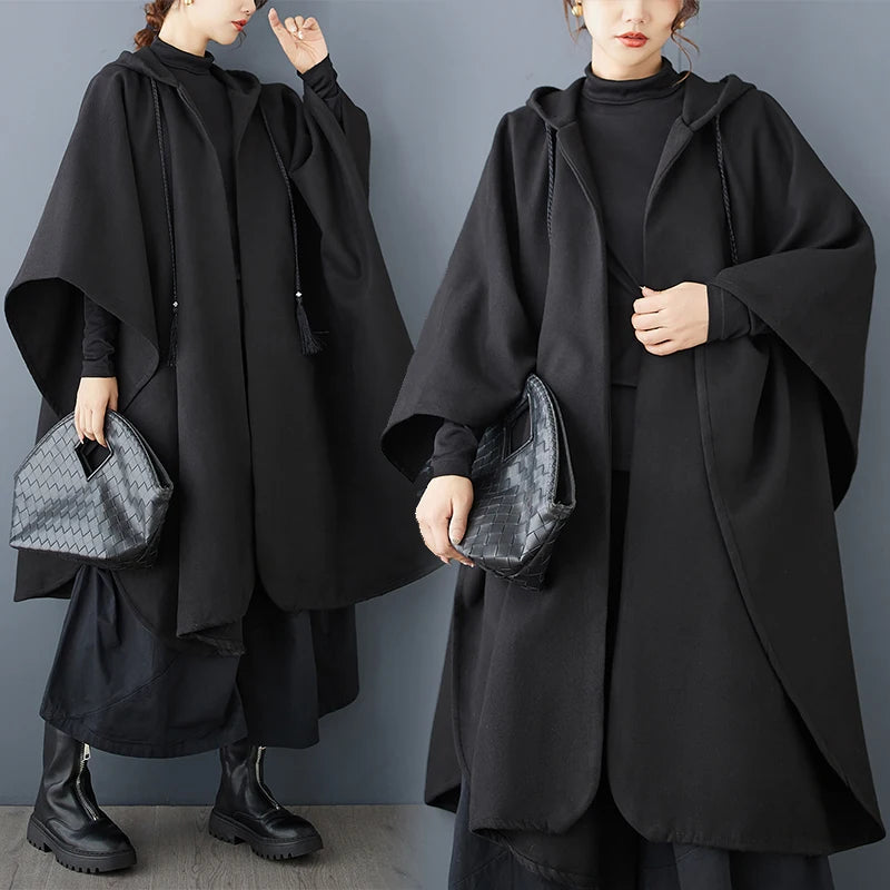 Autumn Winter Loose Large Size k Irregular Design Hat Coat Woolen Windbreaker Outerwear Cloak Vintage Sle Long Sve