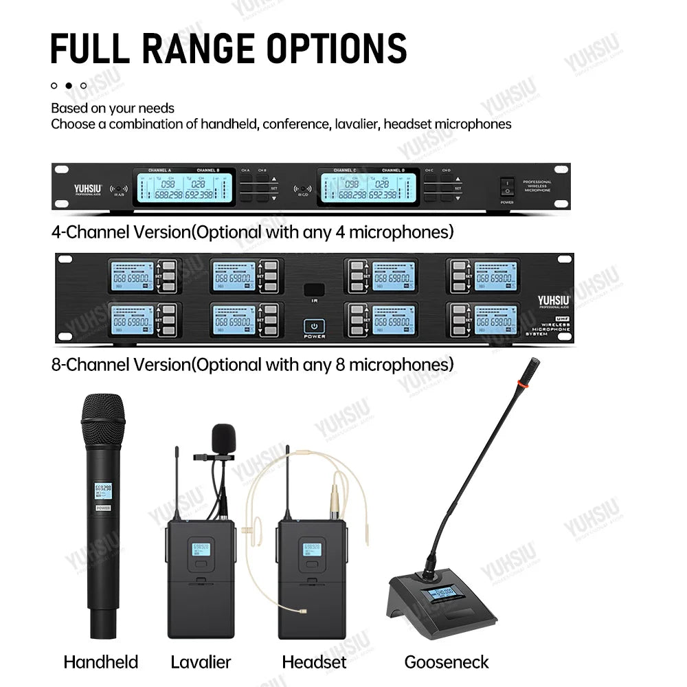 YUHSIU Professional UHF Wireless Microphone 8 channels Handheld lavalier Headset FM Mic For stage performance Band conference