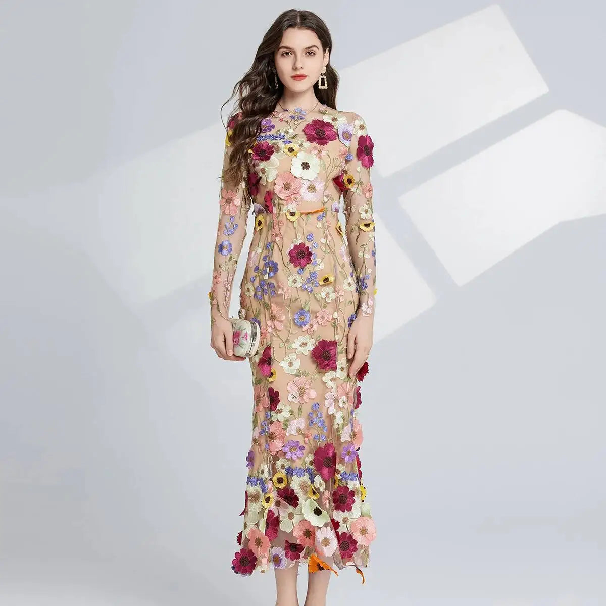 Designer Summer Autumn Flower Embroidery Lace Prom Evening Dress Women Mesh Tulle Bodycon Pencil Long Sleeve Midi Dresses Party