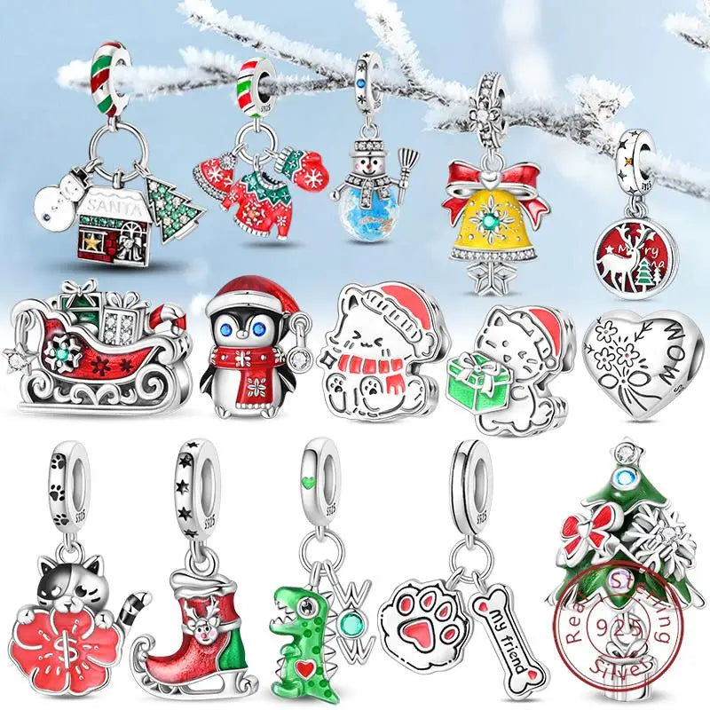 Original 925 Sterling Silver Charms Beads Winter Snowflake Snowman Igloo Penguin Pendant Fit Bracelet Women Jewelry Gift