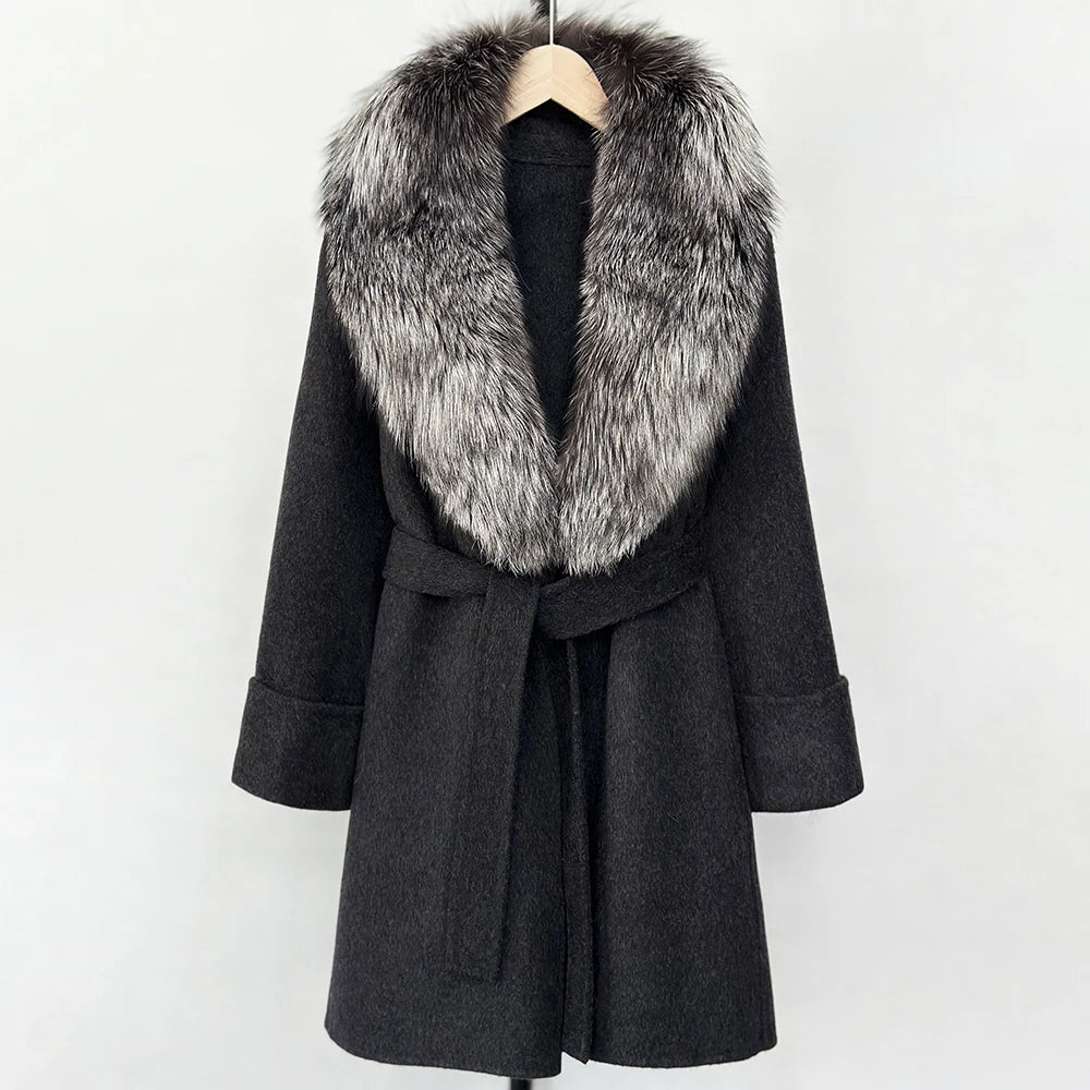 GENHUA 2025 New Winter Cashmere Wool Blends Women Natural Fox Fur Collar Cuffs Slim Fit Suit Double Sided Woolen Trench Coat