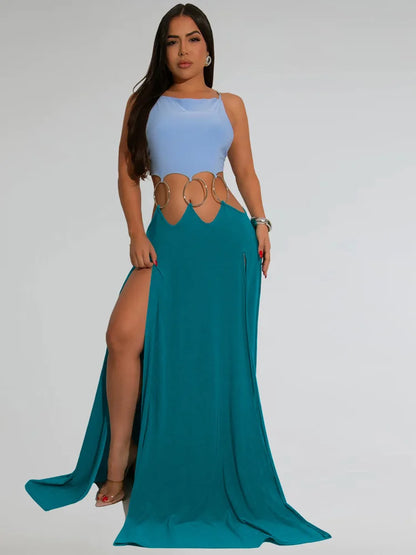 Beyprern Women's Hollow Out O-Rings Metal Long Dresses Fashion Backless Bandage Holiday Dresses Vacation Outfits Sexy Clubwear