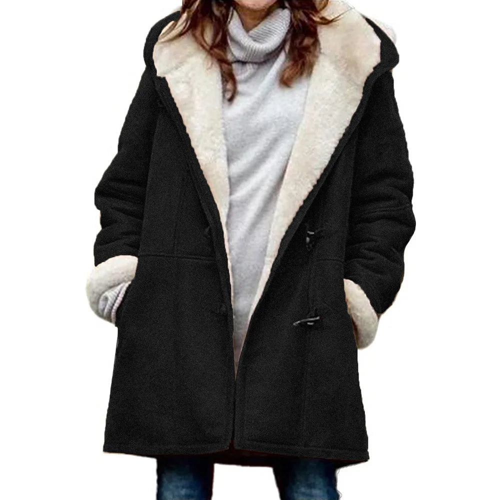 Coat Women's Jacket Cow Horn Buckle Pockets Solid Color Fleece Lined Hooded Overcoat Female Outerwear Winter Clothes Women