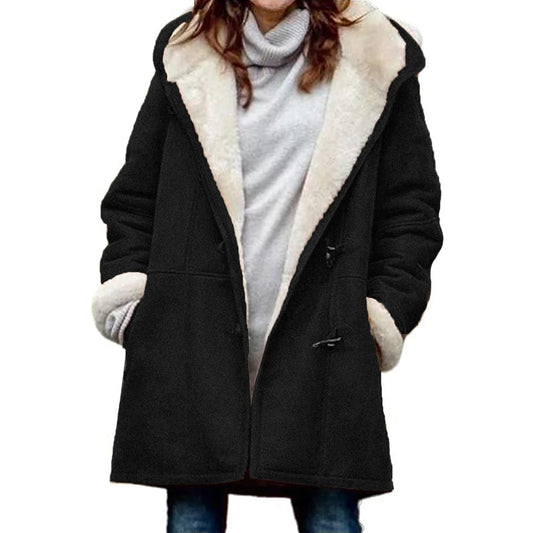 Coat Women's Jacket Cow Horn Buckle Pockets Solid Color Fleece Lined Hooded Overcoat Female Outerwear Winter Clothes Women