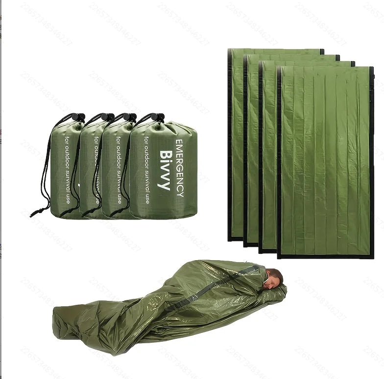 Multi-pack emergency sleeping bags, green, drawstring bag,suitable for outdoor camping, emergency use, and outdoor activities