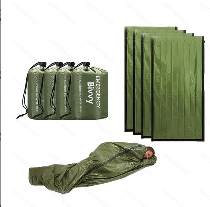 Multi-pack emergency sleeping bags, green, drawstring bag,suitable for outdoor camping, emergency use, and outdoor activities