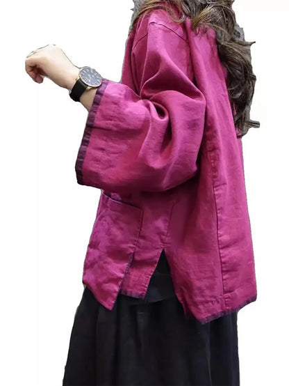 Linen Shirt Jacket Chinese Style Contrasting Color Plate Buckle Cardigan Women's Stand Up Collar Retro Casual Loose Top K1861