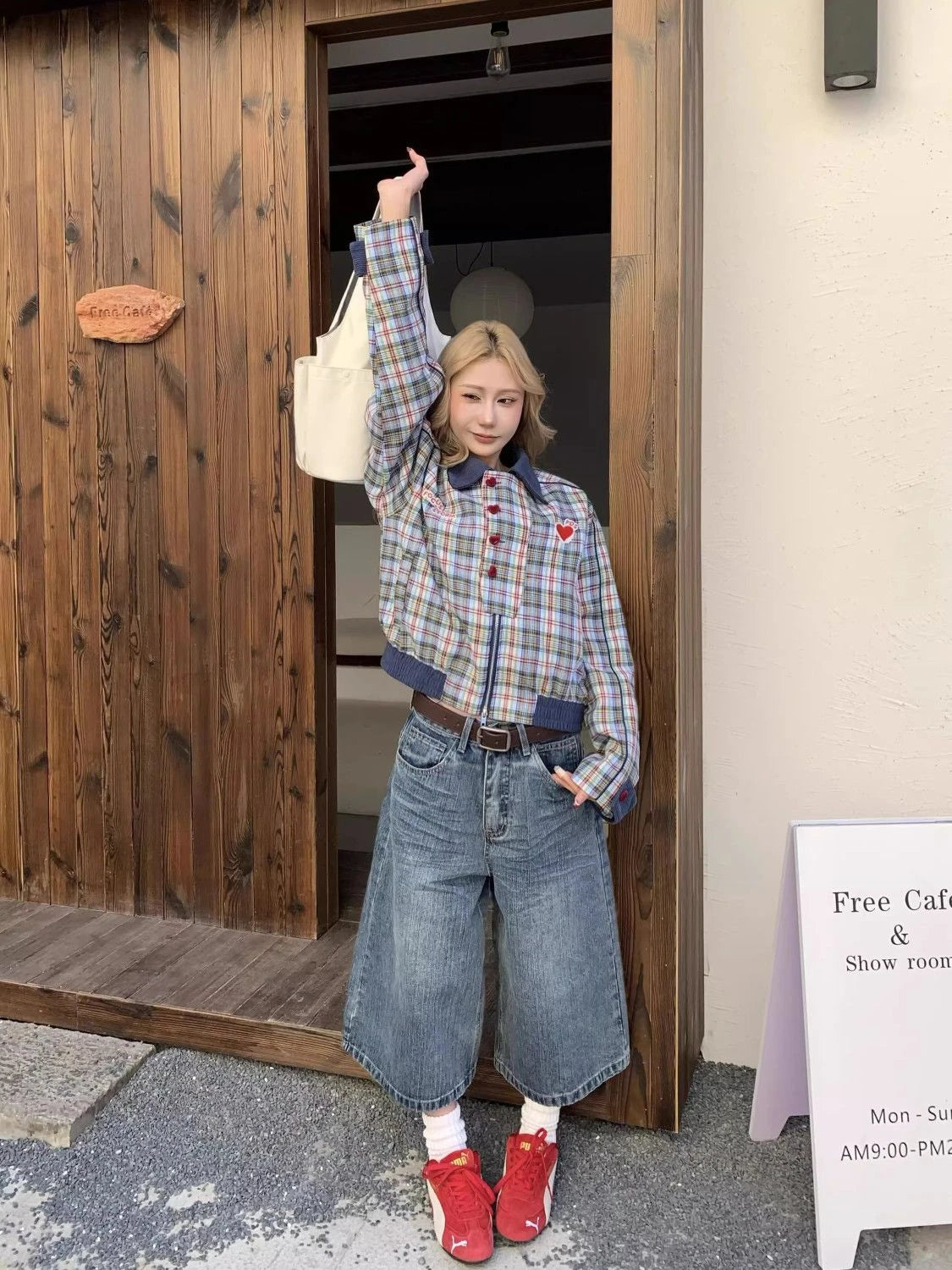 American retro plaid pocket wide-leg short jeans for women loose and casual straight high waist slimming men and women pants