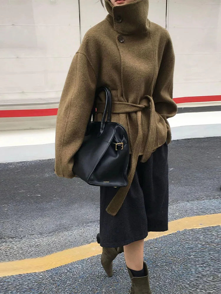 Elegant Women's Belt Stand Collar Woolen Coat Chic Single Breasted Full Sleeve Jacket 2025 Autumn Winter Lady Commute Streetwear