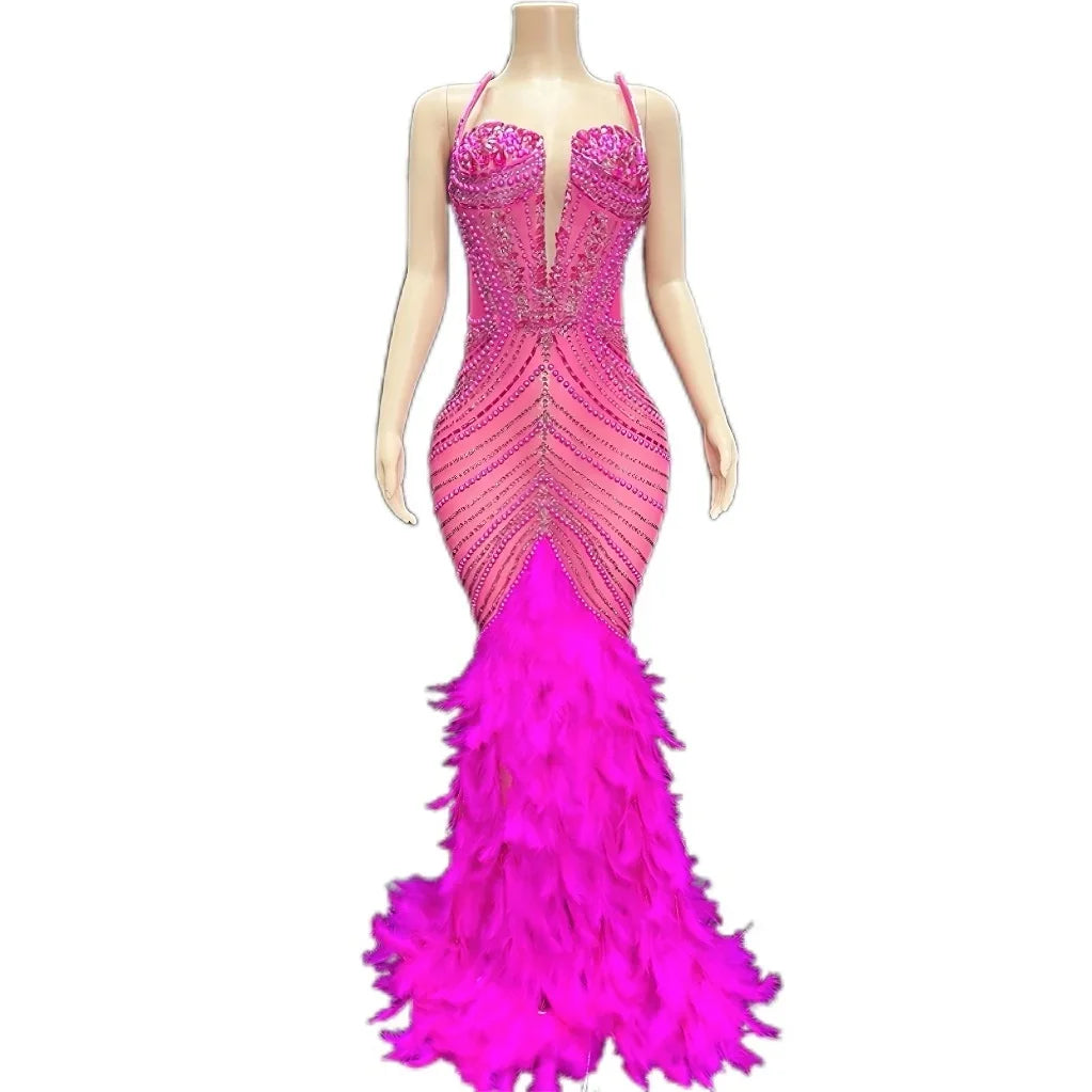 Luxury Pearls Grand Feather Sexy Floor-Length Dress Evening Party Performance Costume Bar Nightclub Singer Dancer Stage Wea