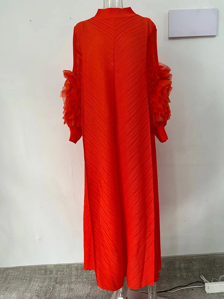 YUDX High Quality Maxi Miyake Pleated Dress Round Neck Spliced Fungus Full Sleeve Dresses For Women 2025 New Spring Clothing