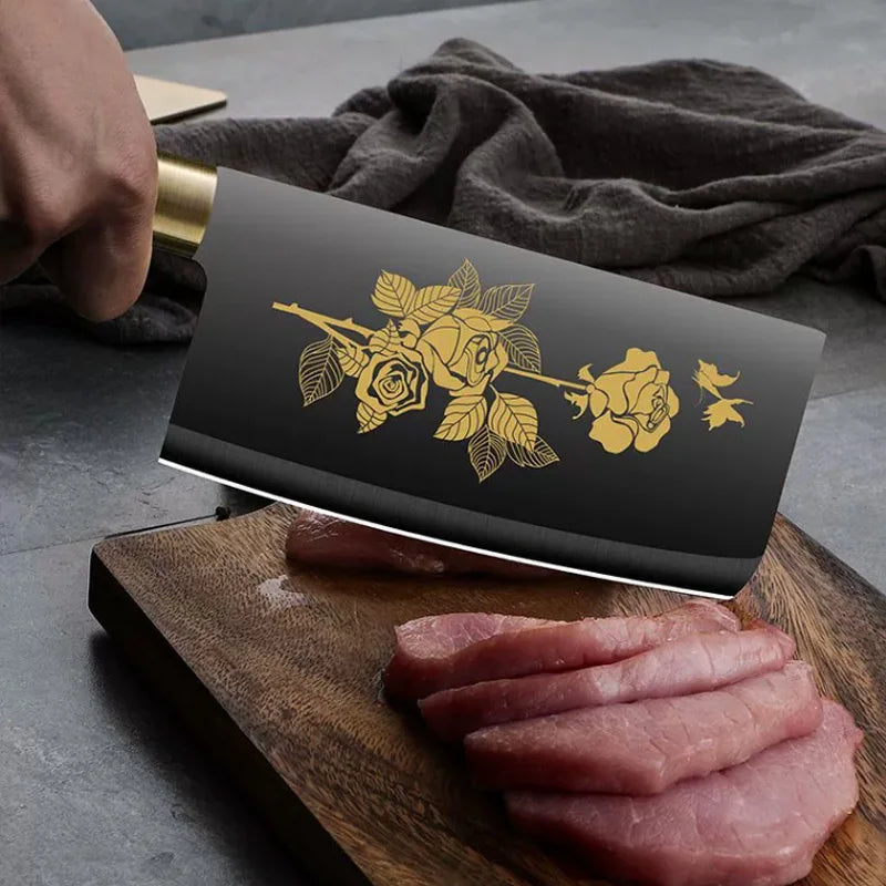 Deluxe Gold Titanium Plated Blade Fruit and Vegetable Chopper Deluxe Stainless Steel Kitchen Knife Professional Cooking Gear