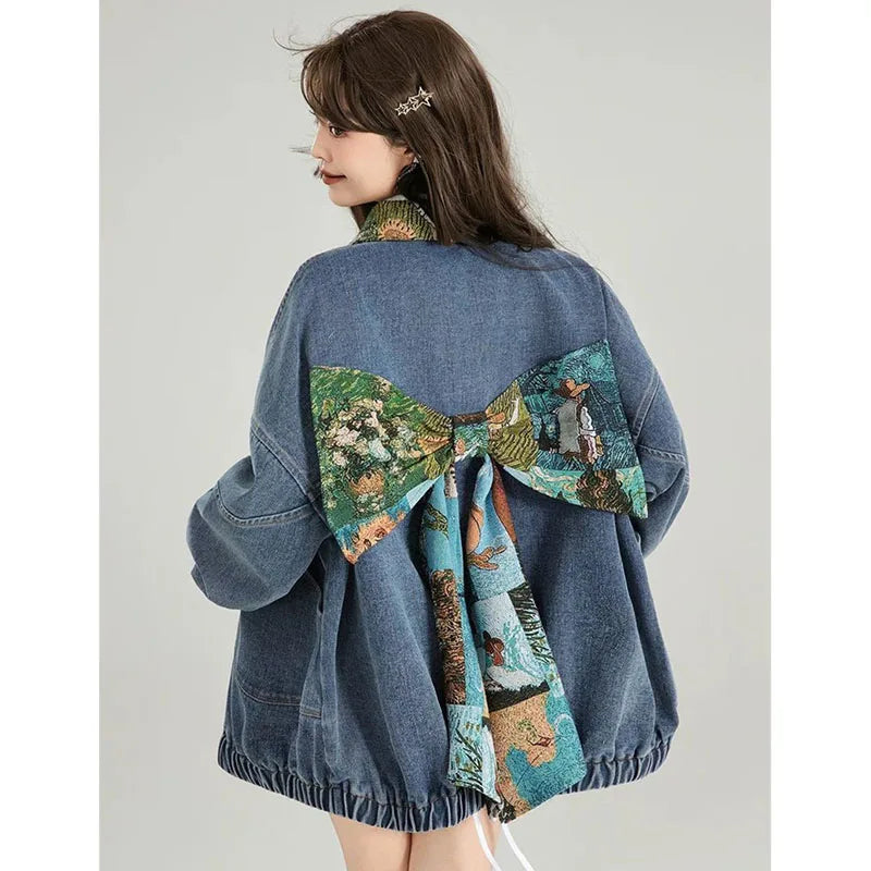 French Female Jacquard Bow Jeans Jacket Ladies Fashion Leisure Cowboy Outwear Spring Autumn Women Long Sleeves Denim Tops Coat