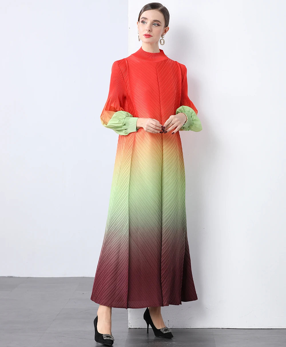 Miyake Wrinkles Pleated Printed Chiffon Maxi Dresses Middle Eastern Clothing Women Loose Women High Neck Long Sleeves Stitching