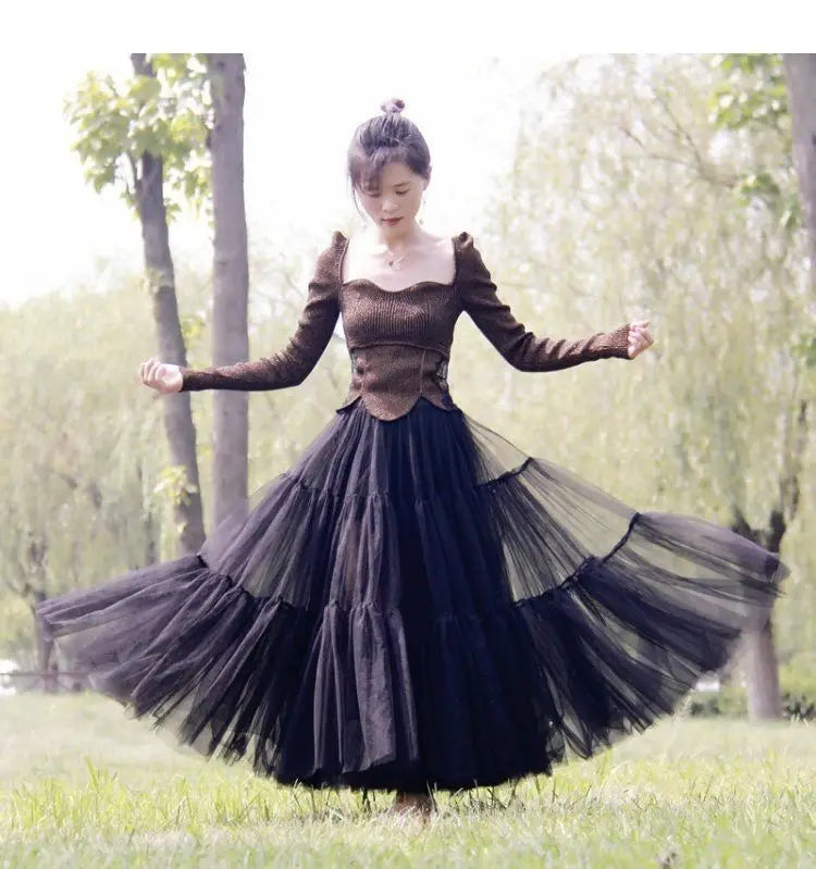 Autumn Fairy Puffy Maxi Long Gauze Skirt Cakee Patchwork A-line Layered Tulle Ankle Long Skirts Green Burgundy