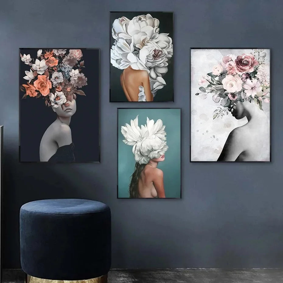 Canvas Painting Wall Art Women and Flowers Abstract Print the Girl with Flowers on Her Head Surrealism Imagine Poster Room Decor