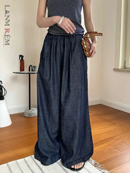 [LANMREM] Vintage Elastic High Waist Jeans For Women Straight Wide Leg Denim Pants Sunscreen Trousers 2025 Summer New 26D9421