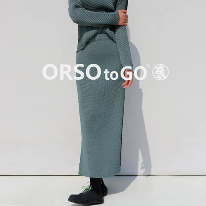 Miyake Pleated Fish Scale Folded Skirt Women Spring Summer Korean Fashion Causal Elegant High Waist Side Split Straight Skirt