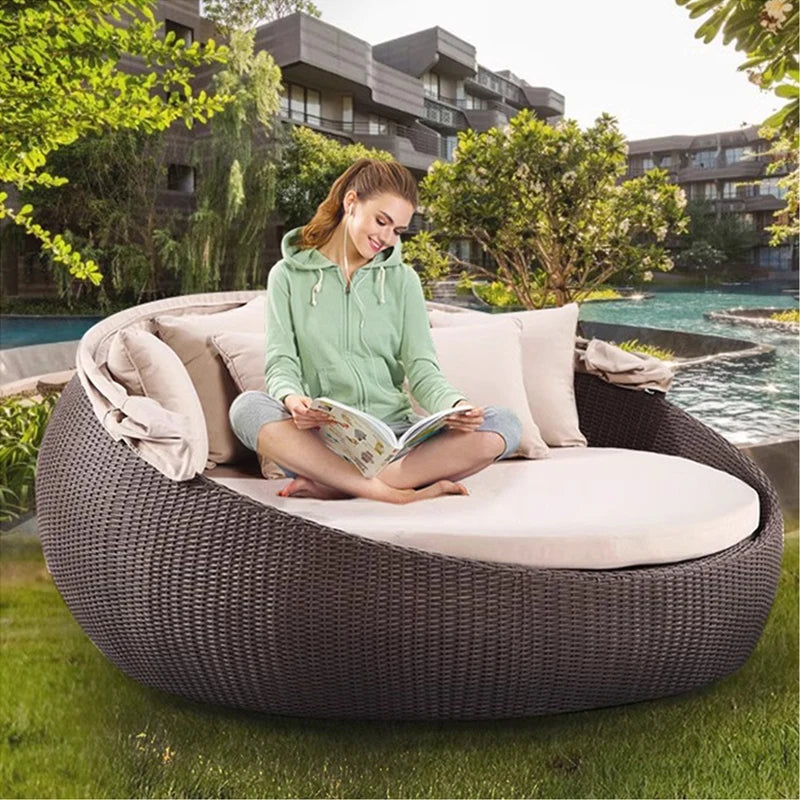 Modern Outdoor Furniture Large Size Curtain Chaise Lounger Antique Canopy Beach Sun Rattan Garden Bed Sun Bed Lounger Round Bed