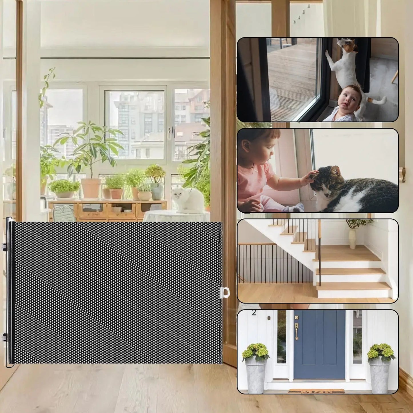 Retractable Barrier Fences Mesh Design Higher Design Mesh Stairs Gate Easy Install Punch-Free Dog Safety Fence Pet Supplies