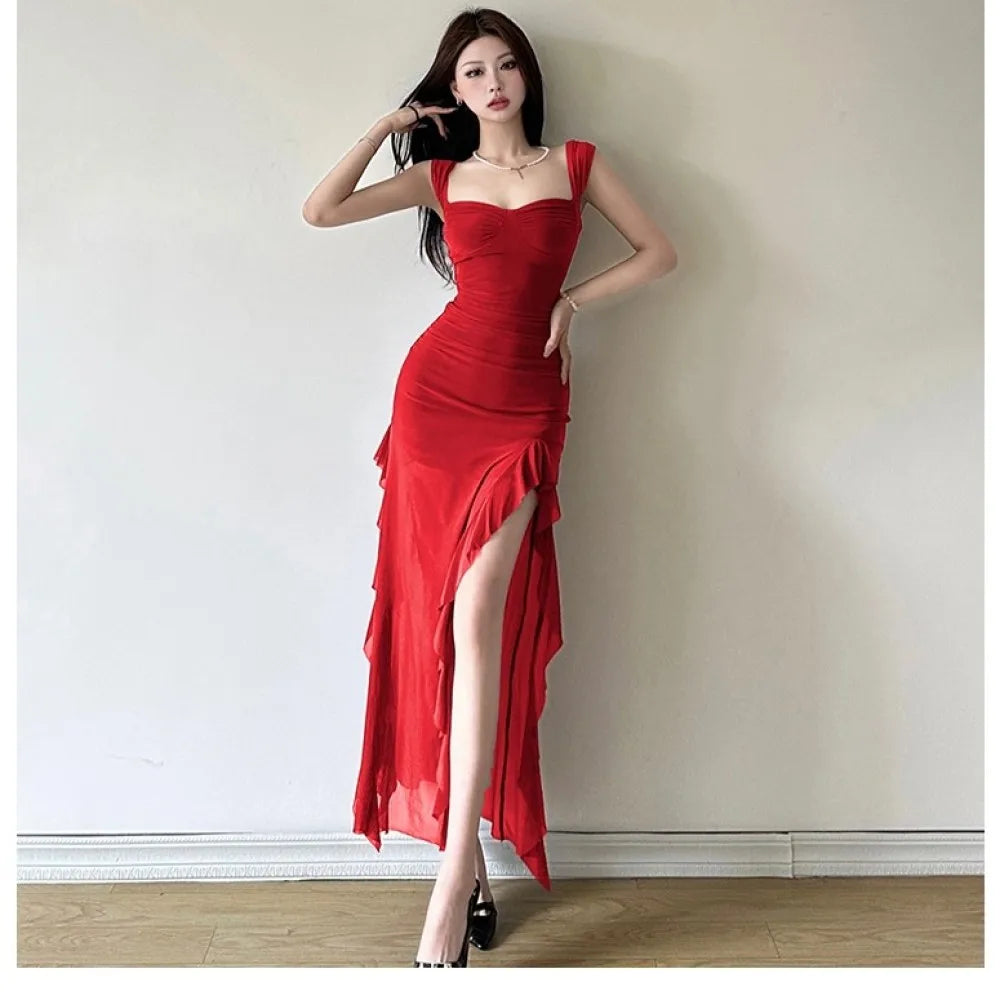 SylCue Ruched Ruffle Elegant Dress Women Sexy Off Shoulder Backless Mesh See Through Splits Hem Midnight Prom Party Long Bodycon