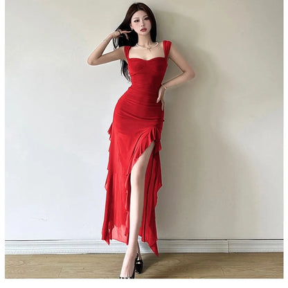 SylCue Ruched Ruffle Elegant Dress Women Sexy Off Shoulder Backless Mesh See Through Splits Hem Midnight Prom Party Long Bodycon