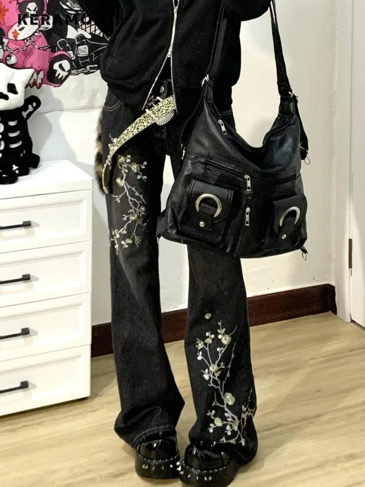 Women's Casual Floral Print Full Length Denim Trouser 2000s Street Retro High Waist Jeans Vintage Dark Trashy Skinny Emo Pants