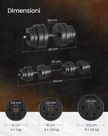 SONGMICS 2-in-1 Dumbbells Set, 2 x 15 kg Adjustable Dumbbells with Extra Barbell Bar, Plastic-Coated Weight Plates