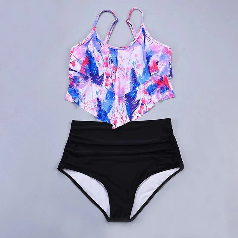 Bathing Suit Women Print 2 Piece Chic Layered Ruffles Suspender High Waist Bikini Summer 2025 New Casual Lady Beachwear Swimsuit
