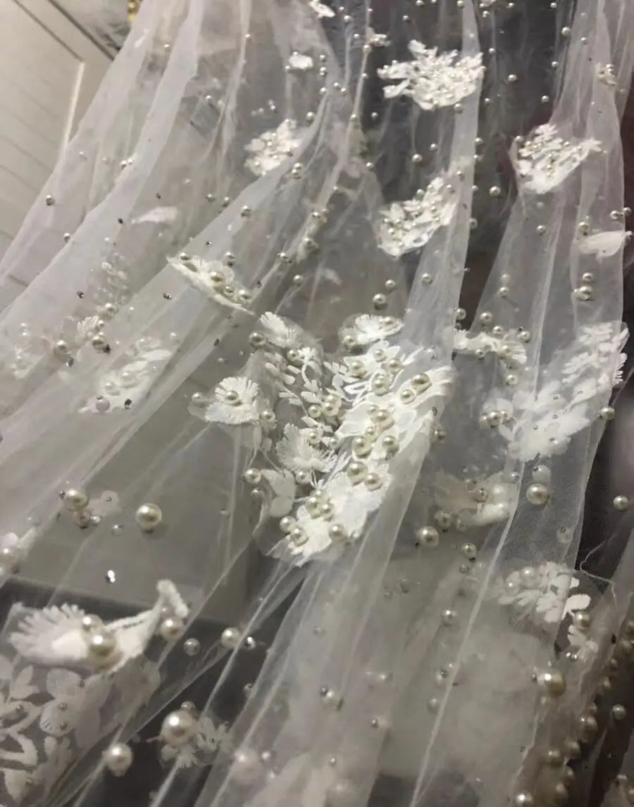 Luxury Appliques Wedding Veil 3D Flowers Pearls Bridal Veils Chapel Length Elegant beaded Bride Veils Wedding Accessories