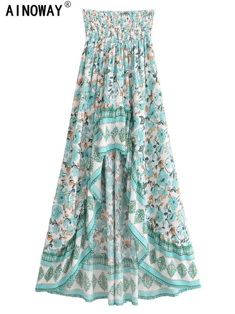 Vintage Chic Fashion Women Floral Print  High Low Beach Bohemian Skirt Elastic Waist Irregular Sexy Maxi Boho Skirts Femme