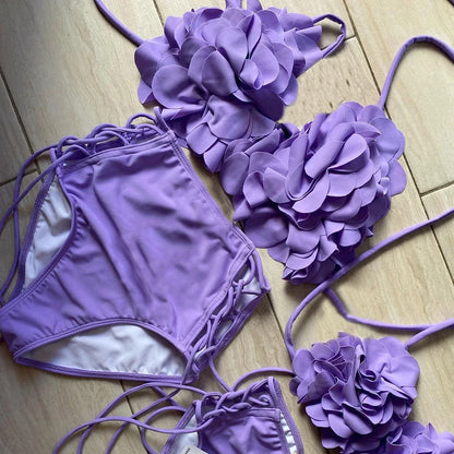2026 New Summer New Sexy Petal Push Up Backless Bikini Set Women Fashion Flower Ruffles Bikini Lady Solid Beachwear Bathing Suit