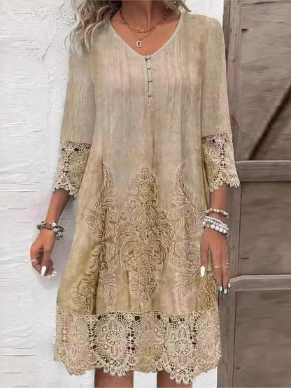 New Solid Color Lace Dress Spring Summer Women Fashion V-neck Button Loose Office Casual Dresses Female Holiday Robe Femme