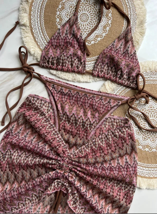 2025 Women Swimsuit Colored Maple Leaves Knitted Bikini Skirt Three-Piece Set Split Swimsuit Bikini