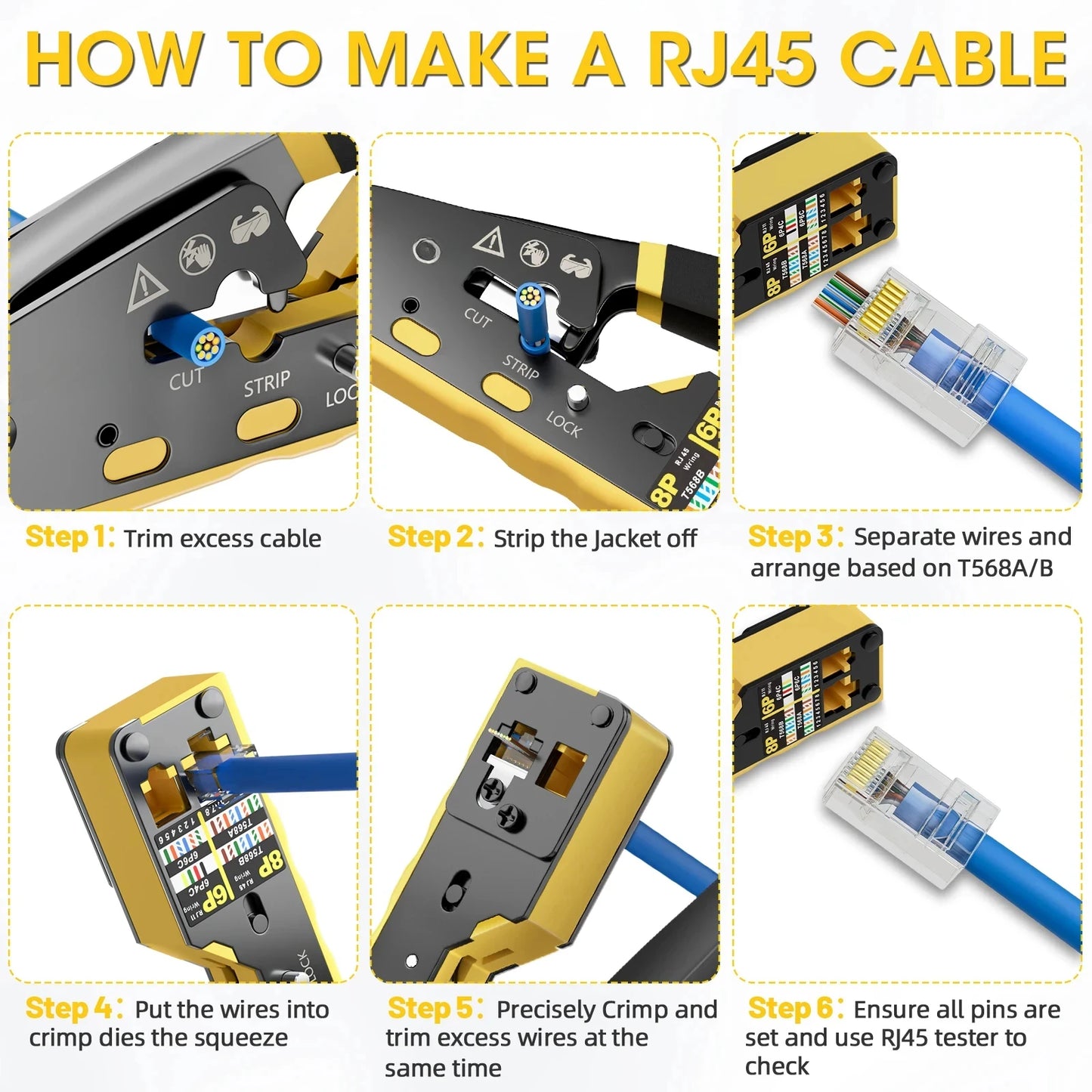 RJ45 Crimp Tool Pass Through Ethernet Crimping Tool for Cat6 Cat5 Cat5e Cutting Peeling Tool Wire Cutter Crimper Connectors