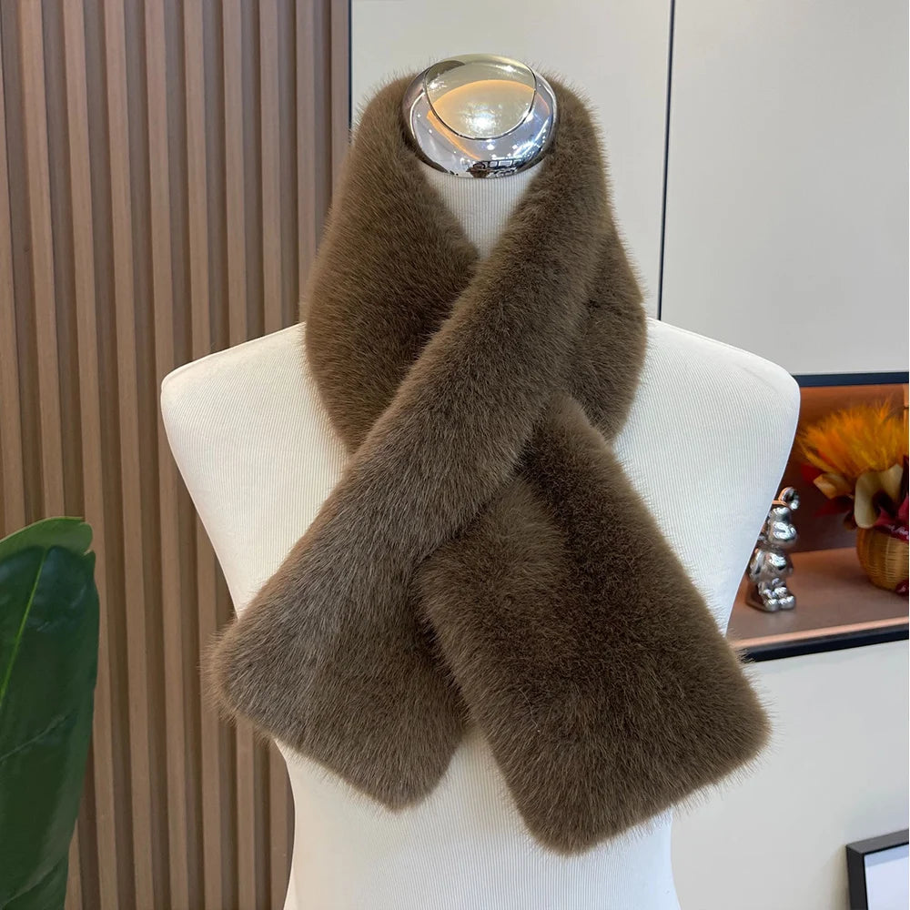 Plush Cross Women's Scarf Winter Thickened Soft Furry Neck Warmer Cute Solid Color Faux Rabbit Fur Scarf Women Collar Scarf New