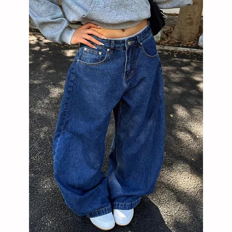 Women Blue Gothic Y2k Baggy Emo Jeans Harajuku Vintage Denim Trousers Aesthetic 2000s Style Oversize Boyfriend Jeans Pants 2025