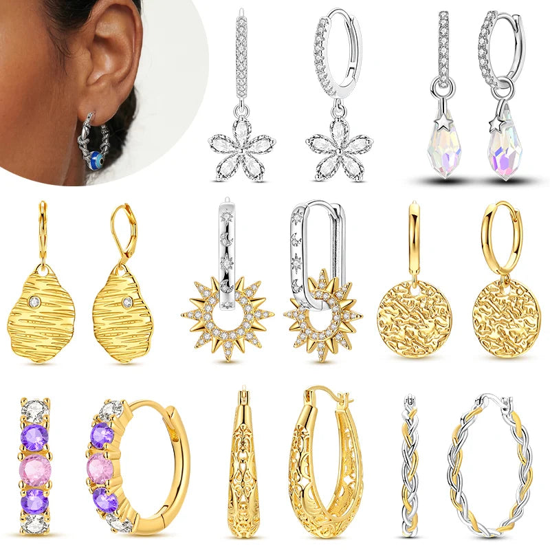 925 Sterling Silver Gold Drop Earrings For Woman Flower Round Sun Hoop Earring Pendientes Classic Original Woman Jewelry Gift