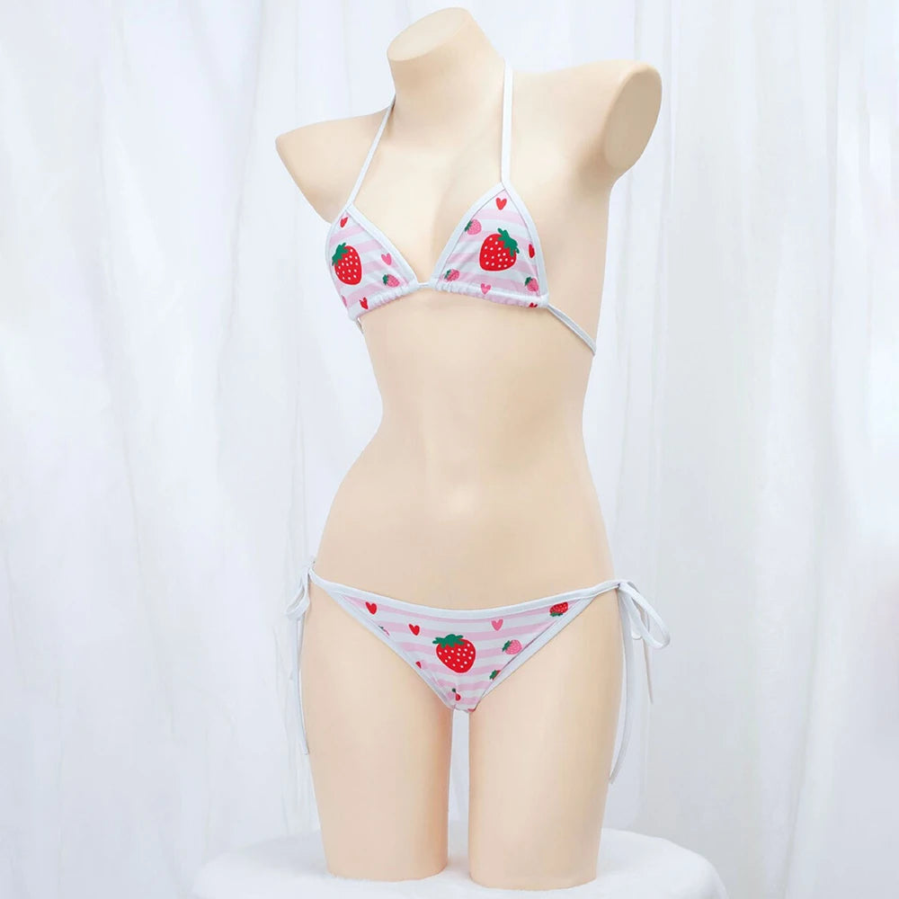 Cute Bikini Swimwear Women 2025 Strawberry Print Girl Lace Up Bathing Suit Low Waist Mini Bikinis Sets Beach Swimsuit