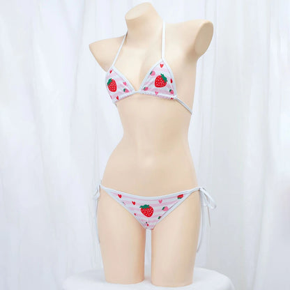 Cute Bikini Swimwear Women 2025 Strawberry Print Girl Lace Up Bathing Suit Low Waist Mini Bikinis Sets Beach Swimsuit