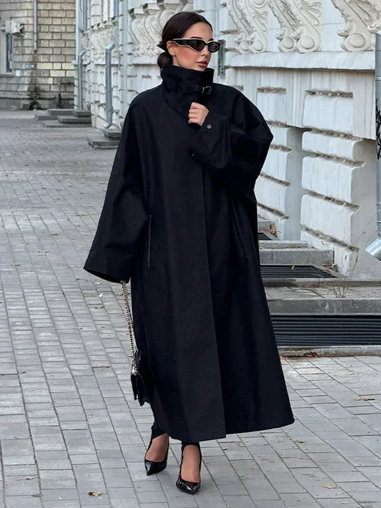 Women's Windproof Trench Coat Chic Long Sleeve Loose Fit Overcoats Stand Collar Long Jackets 2025 Lady Street Fashion Outerwears