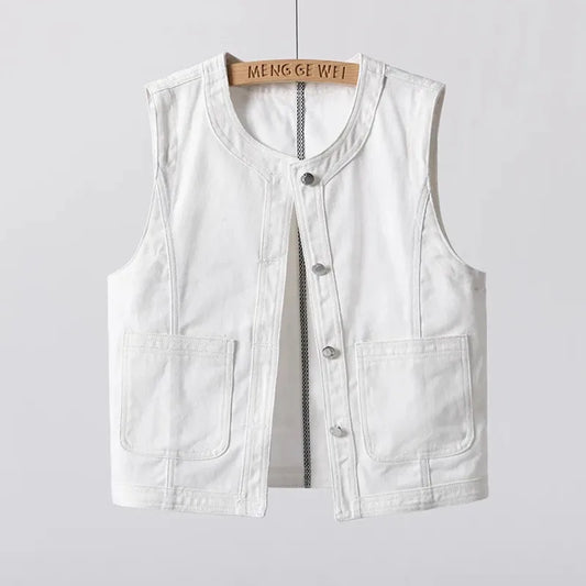 Denim Vest Women's Fashion 2025 New Spring Summer Thin Waistcoat Sleeveless Jacket Top White Cardigan Female Outerwear
