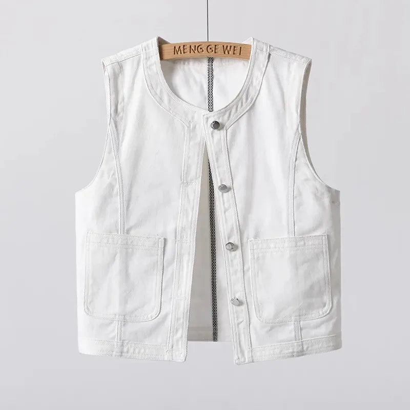 Denim Vest Women's Fashion 2025 New Spring Summer Thin Waistcoat Sleeveless Jacket Top White Cardigan Female Outerwear