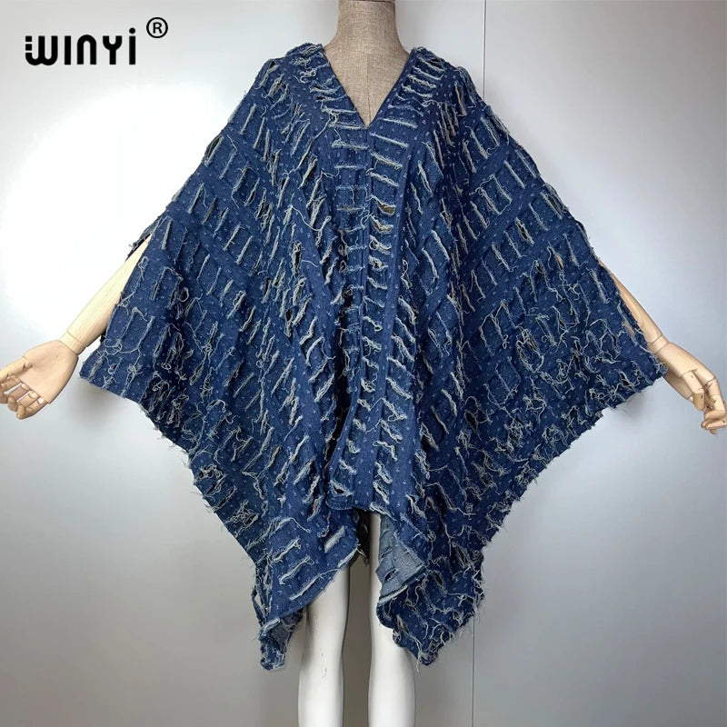 WINYI Original V neck denim sexy short dress with holes New Fashion Africa Womens party holiday Casual Maxi beach dress