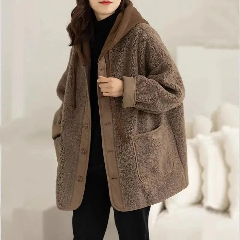 Fashion Lamb Plush Hooded Coat Women New 2024 Autumn Winter Mid-Long Thick Pocket Coats Loose Large Size Overcoat Outerwears